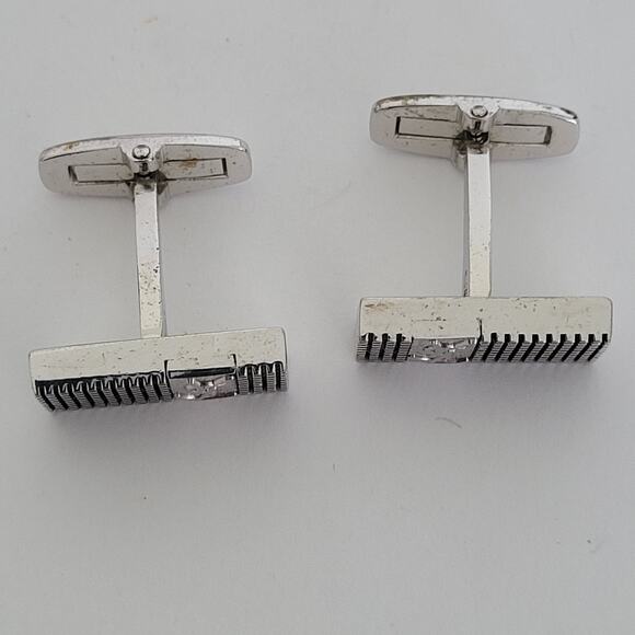 Yves Saint Laurent YSL Silver Tone Rectangle Logo Cufflinks Designer Geometric - Picture 2 of 6